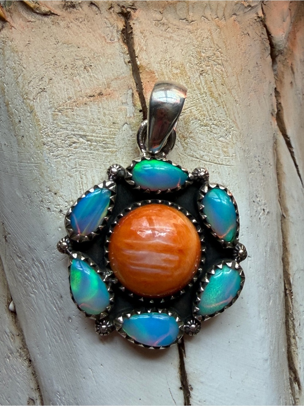 Sterling Silver Orange Spiny & Opal Flower Pendant